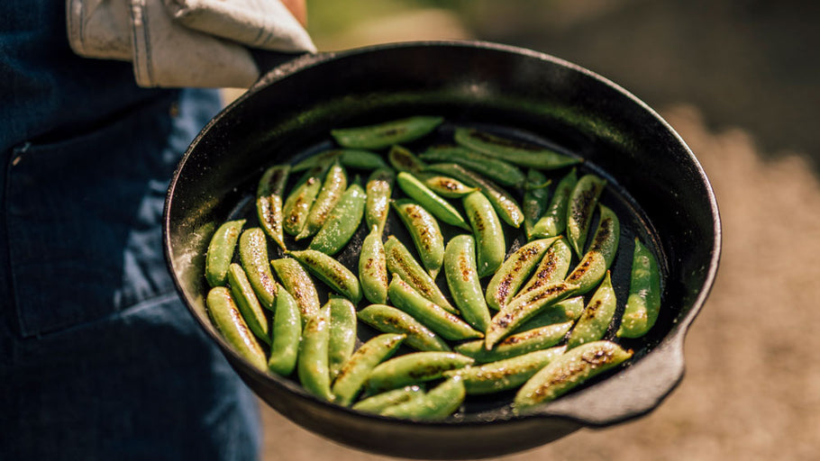 Charred Skillet Snap Peas with Creamy Poppy Seed Dressing