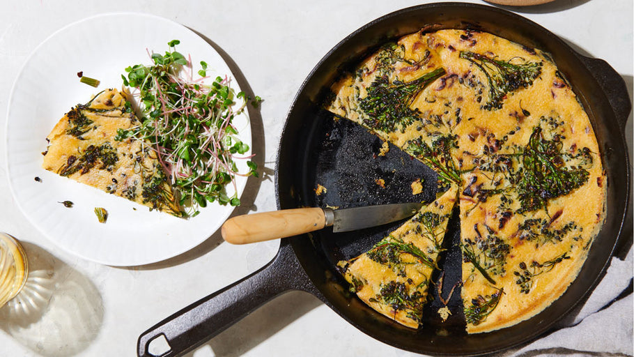 Cast Iron Socca with Broccolini and Onion