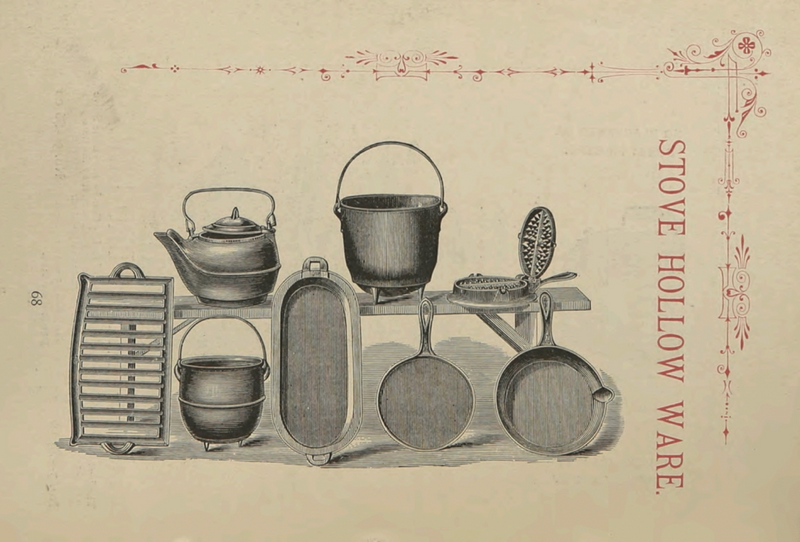 Vintage catalog page titled "Stove Hollow Ware" with engravings of cast iron kettles, pots, and skillets